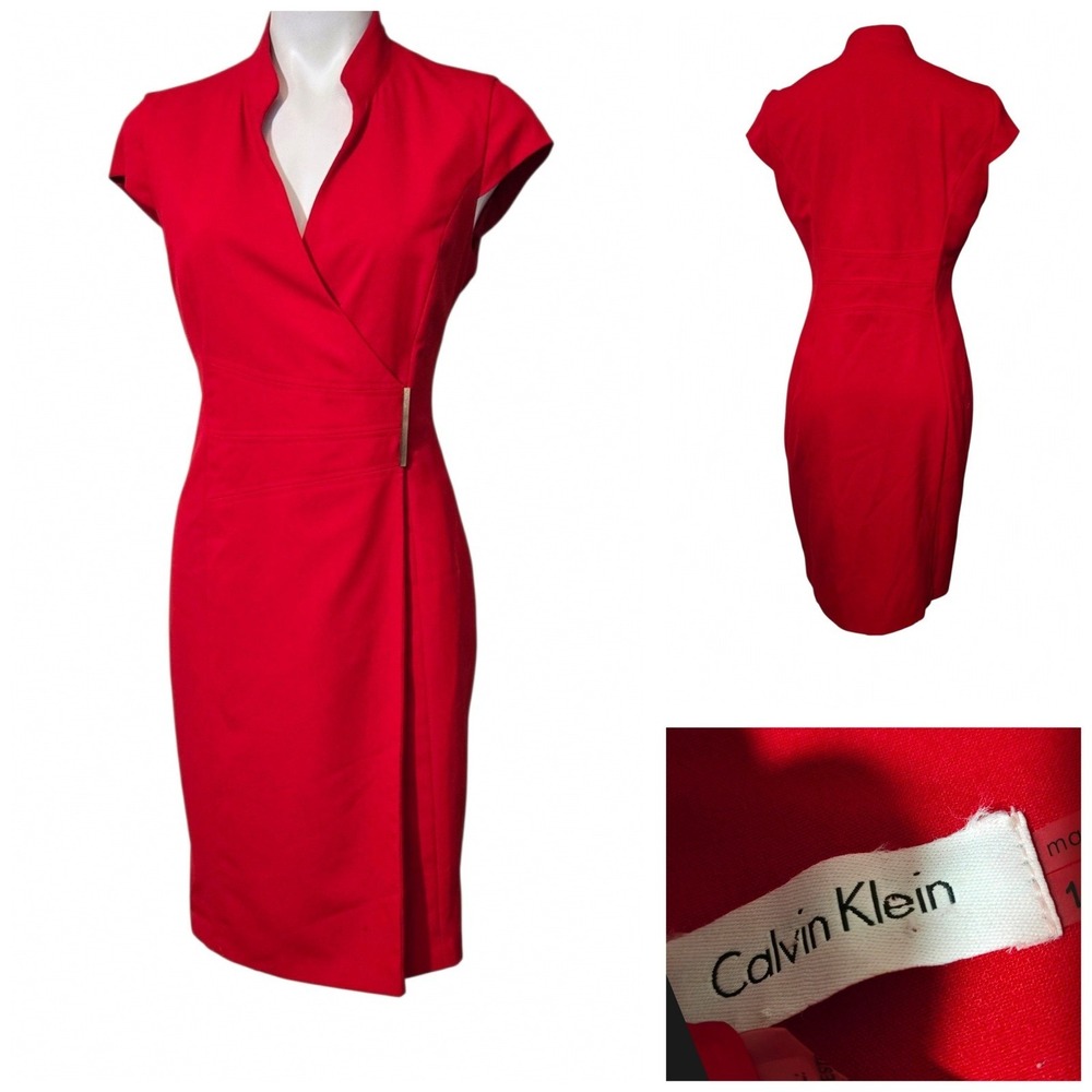 Calvin Klein Red Cap Sleeve Faux Wrap Sheath Dress Gold Bar Accent Size 10
